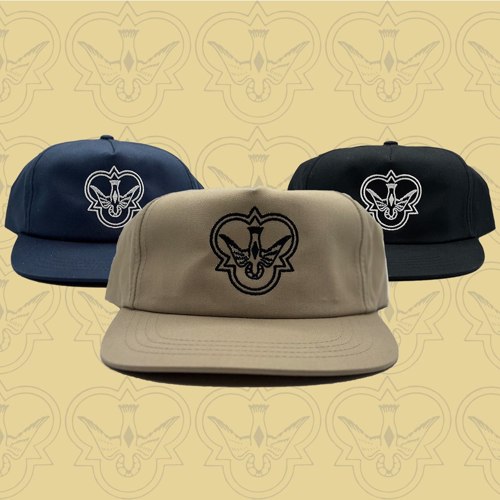 Homepage banner ad for the Flying Diamonds embroidered hats in tan, navy and black.