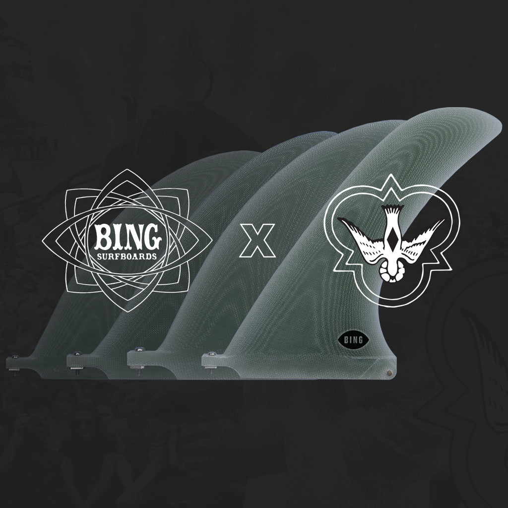 Bing and Flying Diamonds collaboration banner. Includes both company logos, and view of new fins.