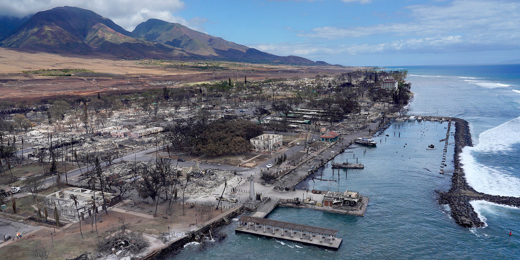 Arial view of Lahaina after the fire. Maui relief banner.