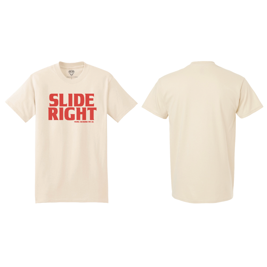 Flying Diamonds Slide Right T-shirt natural color with red text